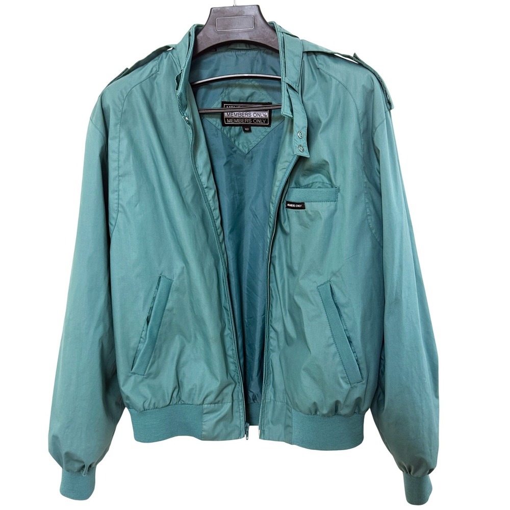Vintage Members Only Cafe Bomber Racer Jacket 42 Blue Green Full Zip 80's - Picture 3 of 7